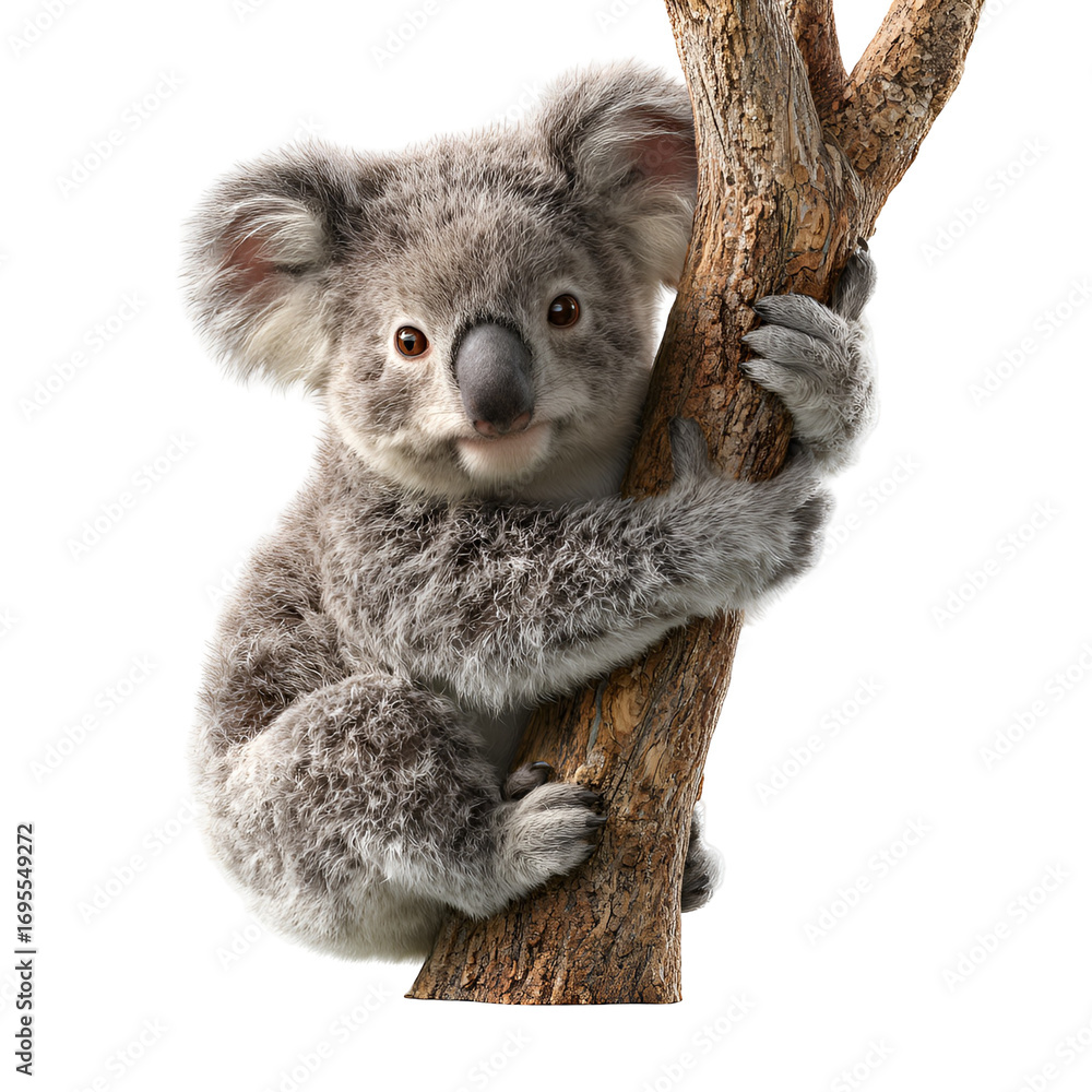 Obraz premium Koala Clinging to a Tree Branch with a Transparent Background for Wildlife and Nature Illustrations