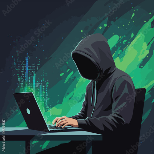 Mysterious hooded figure on laptop, surrounded by abstract colors, symbolizing hacking, digital anonymity, and cybersecurity in a flat design vector illustration.
