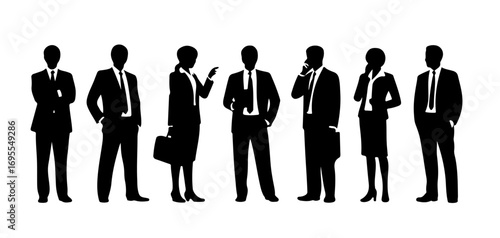 Standing Business Silhouette Set Group of Men and Women Professionals in Modern Corporate Workplace Scene
