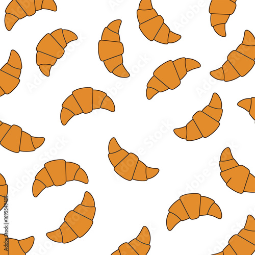 Flat design vector pattern of golden-brown croissants scattered on a white background, highlighting their flaky layers and appetizing appearance.