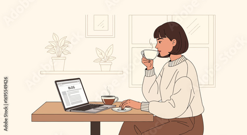Woman Working And Enjoying Coffee While Designing A Blog Post At Home