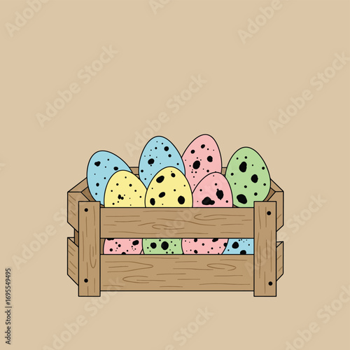 Rustic wooden crate filled with beautifully colored, speckled eggs in a flat design. Perfect vector illustration for seasonal themes, Easter, or farm-related designs.