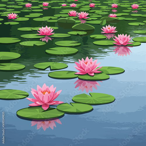 Serene watercolor illustration of pink lotus flowers and green lily pads reflecting on calm water, creating a peaceful, tranquil environment. Vector art.