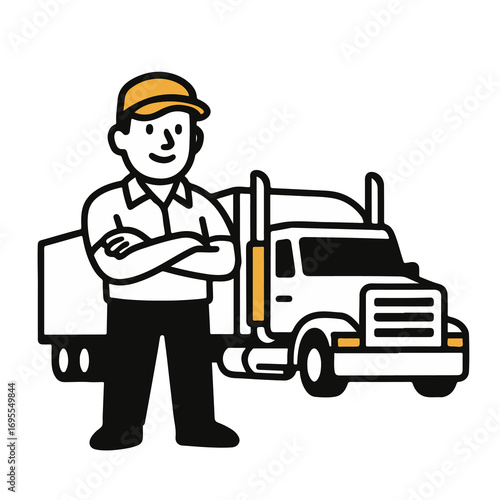Flat vector illustration of truck driver standing with cargo truck. Black line outline style. Isolated logistic, shipping and freight transport concept.