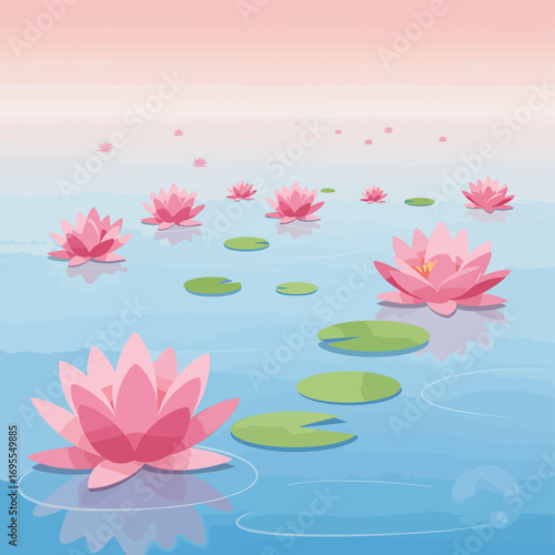 A serene watercolor illustration of pink lotus flowers gracefully floating on calm water, embodying tranquility, peace, and natural beauty. Vector art.