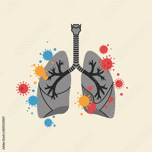 Artistic flat design illustration of human lungs intertwined with colorful splashes, symbolizing respiratory health, airborne viruses, and medical science.