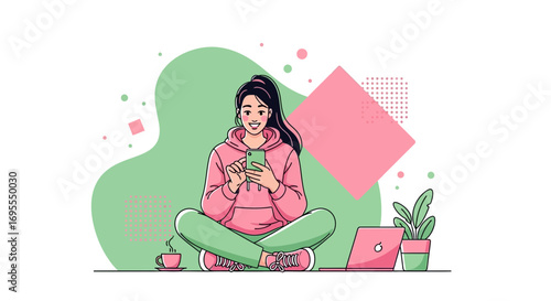 Young Woman Texting, Smiling, Working, Relaxing, Enjoying Life, Using Smartphone Online