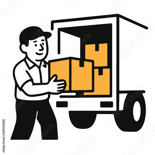Flat vector illustration of delivery worker loading boxes into cargo truck. Black line outline style. Isolated logistic, shipping, package and transport concept