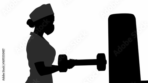 Silhouette of nurse wearing mask lifting dumbbell with gym equipment in the background in black and white