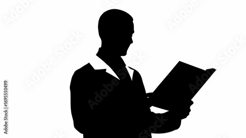 Silhouette of a professional reading a document in a folder with a white background in a studio shot