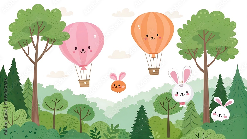 Naklejka premium Cute cartoon forest landscape with trees, balloons and bunnies in vector
