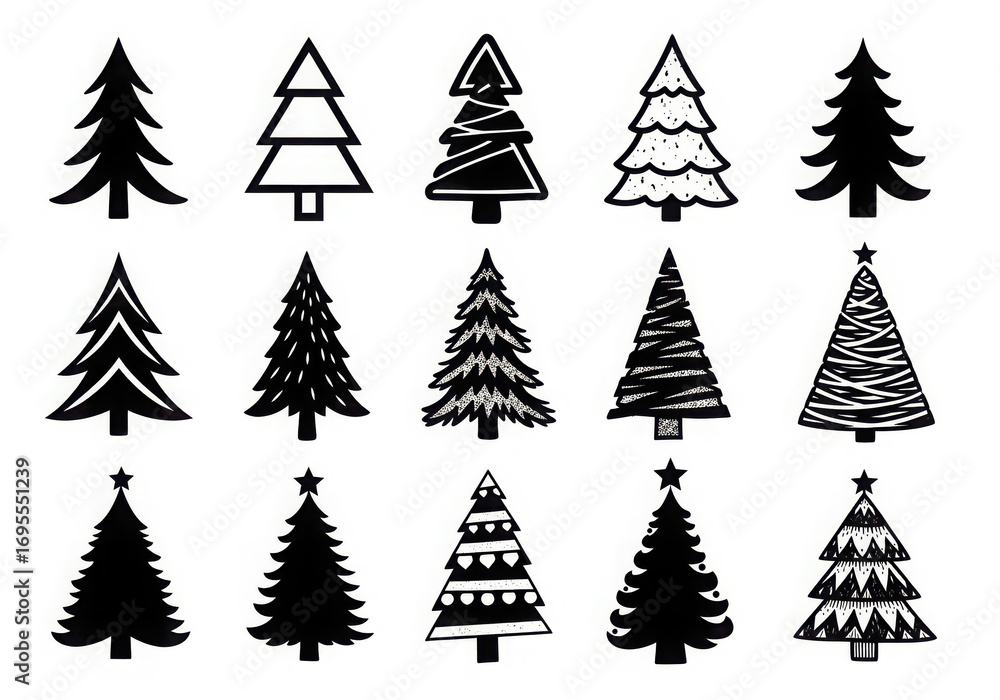 Collection of hand drawn christmas tree illustrations in various styles
