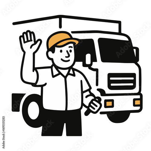 Flat vector illustration of truck driver with key and cargo truck. Black line outline style. Isolated logistic, delivery, shipping and transport concept