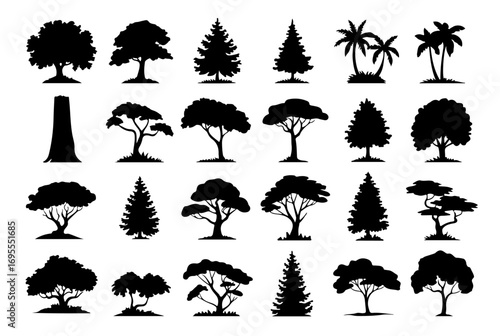Wild and Rustic Trees Silhouette Set Outline with Different Popular Seasonal and Evergreen Tree Shapes