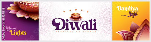 Happy Diwali festival with oil lamp, Rangoli decoration with Diya, Diwali holiday Background with rangoli, Diwali celebration greeting card,vector.