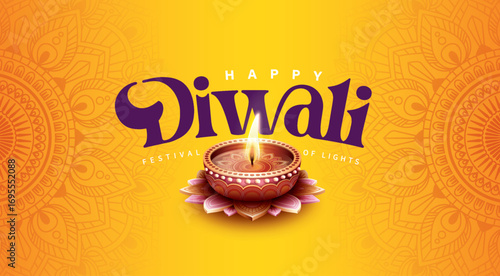 Happy Diwali festival with oil lamp, Rangoli decoration with Diya, Diwali holiday Background with rangoli, Diwali celebration greeting card,vector.