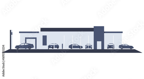 a modern car dealership with various vehicles displayed outside