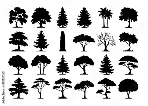 Countryside Forest Tree Silhouette Set Outline Featuring Different Popular Nature and Garden Trees