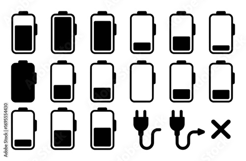 Collection of Battery Icons Showing Charge Levels and Charging Plugs