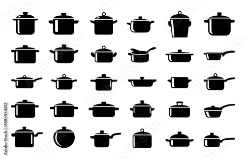 Collection of Black and White Cooking Pot and Pan Icons