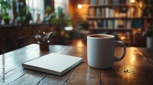 Coffee Cup and Notebook on Wooden Table near Bookshelf Indoors