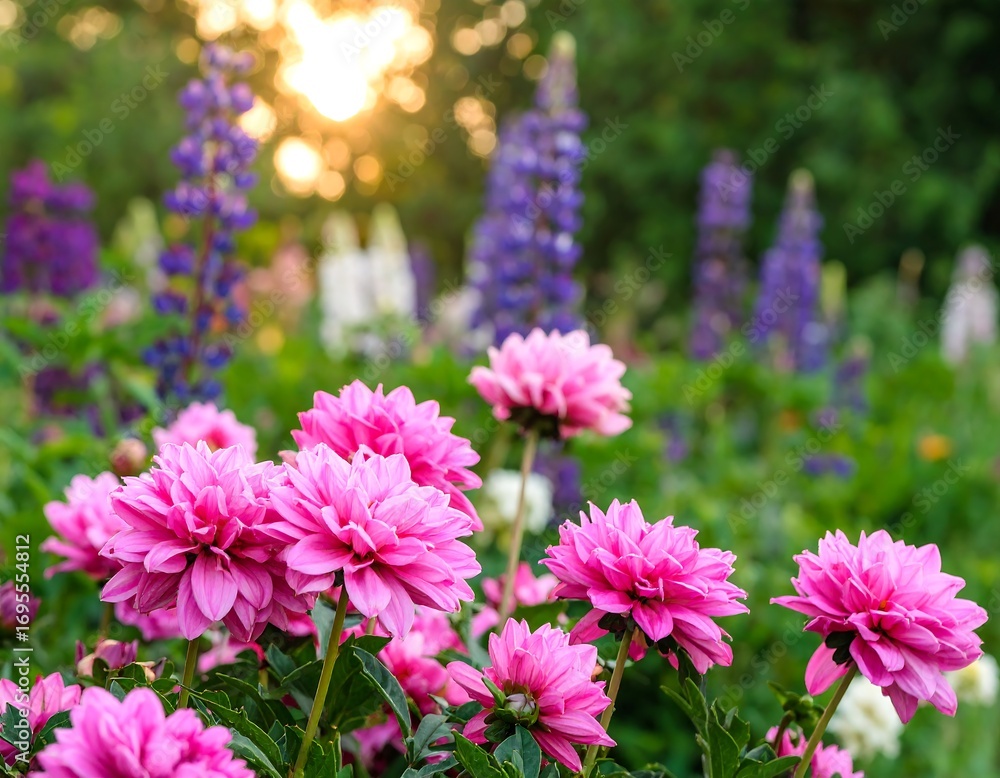 Fototapeta premium Vibrant pink dahlias in a flower garden at sunset