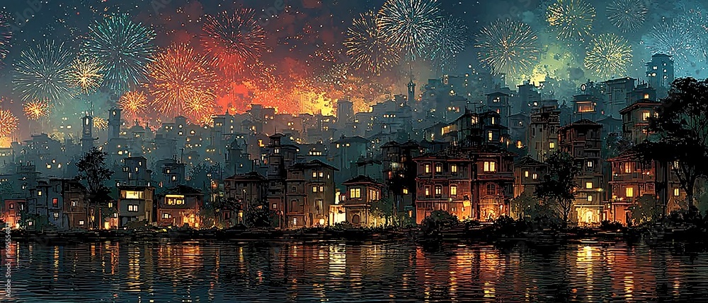 Obraz premium Vibrant Cityscape at Night with Colorful Fireworks Display Over Water