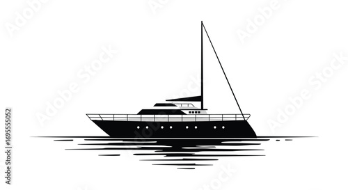 a sleek black yacht floating calmly on water waves