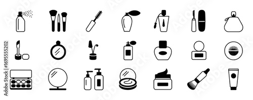Collection of Black and White Icons Representing Various Cosmetic Products
