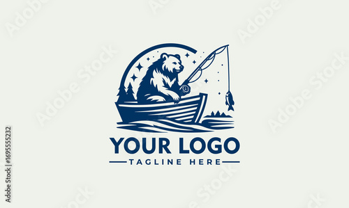 A stylized logo featuring a bear fishing from a boat under a starry night sky.