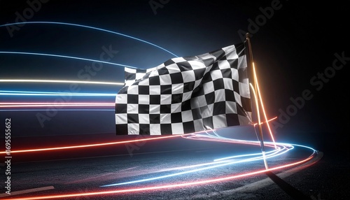 Checkered flag transforming into neon lines