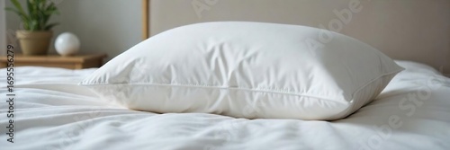 Soft, fluffy pillow resting on a crisp white duvet cover, ready for a peaceful night's sleep Perfect for relaxation, comfort, and home decor themes , white, sleep