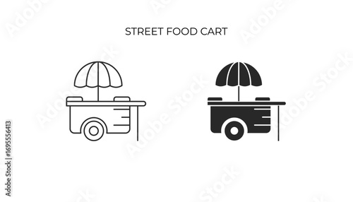 This icon depicts a wheeled food cart with a parasol. It's often used to represent street food, food vendors, or small business.