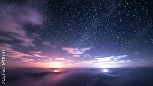 Celestial Vista: Ethereal Clouds Dance Beneath a Starry Expanse, Enhanced by Soft Light