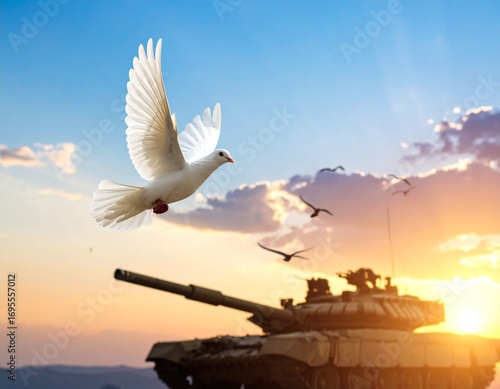 A dove of peace takes flight above a tank, symbolizing the end of conflict and the dawn of a new era of harmony and hope