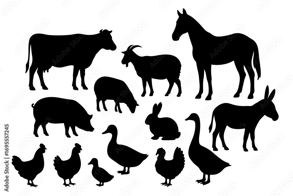 Fototapeta premium Farm and Pet Animal Silhouette Set Outline of Dog, Goat, Cow, Hen, Duck, Horse, rabbit, Donkey for Rustic Design
