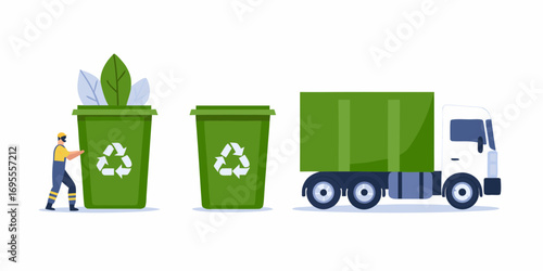 Recycling worker and green bins with recycling symbol next to a garbage truck for waste management services
