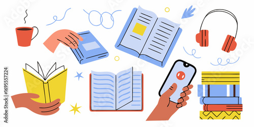 Diverse collection of books reading materials and accessories for learning and leisure activities