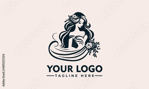 Elegant logo design featuring a woman with flowing hair adorned with flowers, in a stylized, minimalist style.