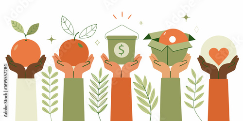 Diverse hands offering gifts of food money and love symbolizing charity community and generosity
