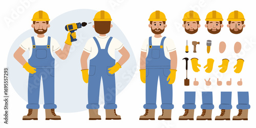 Construction worker character kit with tools and customizable body parts for animation and design