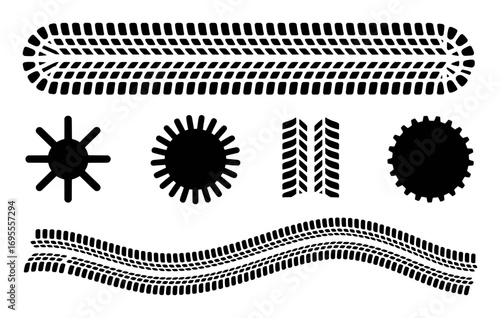 Black Tire Tracks and Gear-like Shapes on White Background