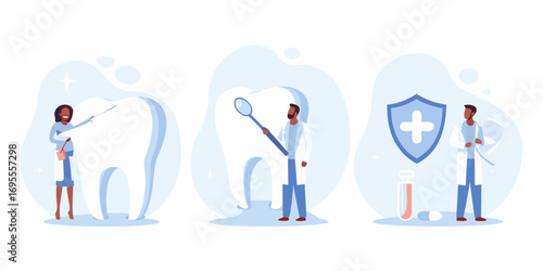 Dentists examining a giant tooth and a shield symbolizing dental health and protection