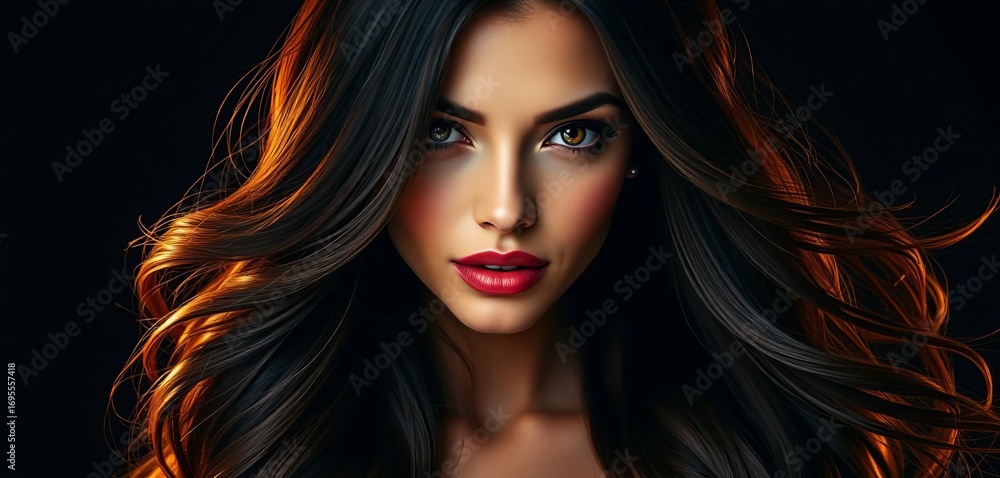 Obraz premium Glamorous portrait, long flowing shiny hair, dark backdrop, beauty, dark background