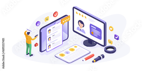 Isometric illustration of a person reviewing resumes on a smartphone and computer screen for hiring and recruitment