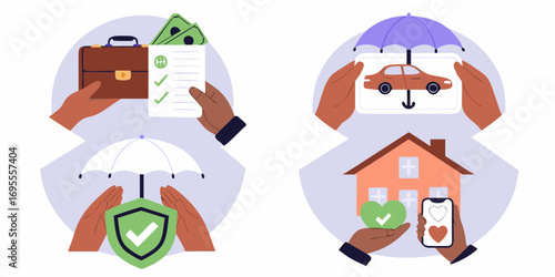 Illustration of diverse hands representing various insurance and financial protection concepts