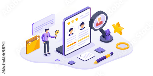 Human resources professional analyzing candidate profiles on a digital screen with magnifying glass and stars