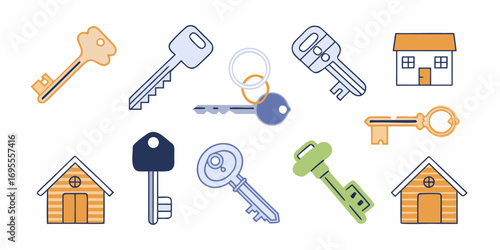 Collection of colorful flat design keys and houses symbolizing home ownership and security