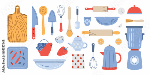 Collection of colorful kitchen utensils and cooking equipment for baking and food preparation