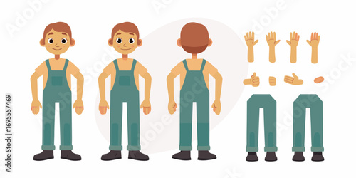 Cartoon character builder set with front back and side views and interchangeable body parts